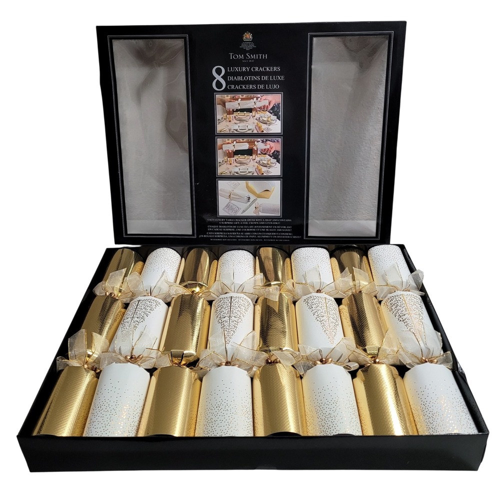 Tom Smith 8 Luxury Christmas Crackers Gold White Tree Dots New Boxed Set